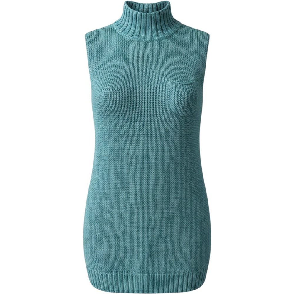 Newport News Sleeveless Sweater M Turquoise Mock Neck Cotton Rayon Knit‎ Pocket